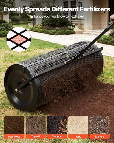VEVOR Compost Spreader, 36" Wide Peat Moss Spreader with Push/Tow Handle, 4 Heights Adjustable, Powder-Coated Steel Garden Peat Moss Roller, Heavy Duty Grass Seed Roller for Planting Seeding, Black