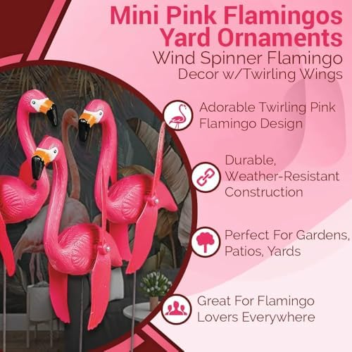 Fun Express Mini Pink Flamingos Yard Ornaments Set of 6 - Wind Spinners Outdoor with Twirling Wings | Flamingo Decor Gifts for Women | Tropical Luau