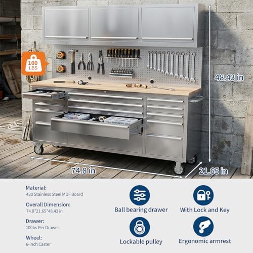 72" Heavy-Duty Rolling Tool Chest & Workbench with 15 Drawers, Steel Rubber Wood Top on Wheels, Key Locking System, Drawer Liners for Garage Warehouse Repair Shop, Black Storage Cabinet.