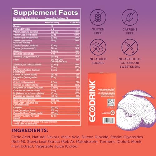 Lily of the Desert EcoDrink Nutrient Support Hydration Packets, Strawberry Lemonade – Naturally Sweetened Multivitamin Electrolyte Mix with Aloe, 24 Stick Packs/Box, 0.25 Oz Ea