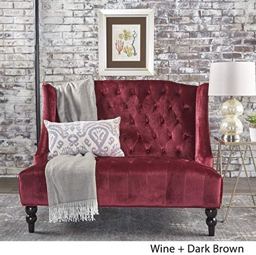 Christopher Knight Home GDFStudio Leona Modern Glam Tufted Velvet Wingback Loveseat, Wine and Dark Brown, 34.00 ''D x 50.25‘’W x 38.50'' H