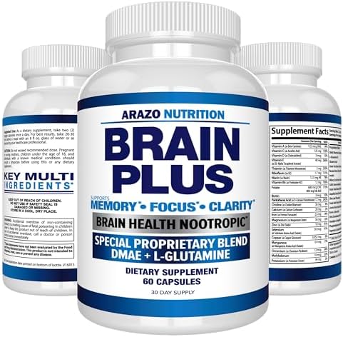 Arazo Nutrition Premium Brain Function Supplement – Memory, Focus, Clarity – Nootropic Booster with DMAE, Bacopa Monnieri, L-Glutamine