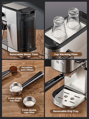 UDI Espresso Machine, 20 Bar High Pressure Professional Espresso Maker | with Milk Frother, Compact Stainless Steel Coffee Machine for Cappuccino