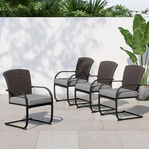 Grand patio 4 Pieces Outdoor Patio Metal Dining Chairs, C-Spring Motion Wicker Dining Chairs Set of 4 with Seat Cushions for Lawn Garden Backyard Deck