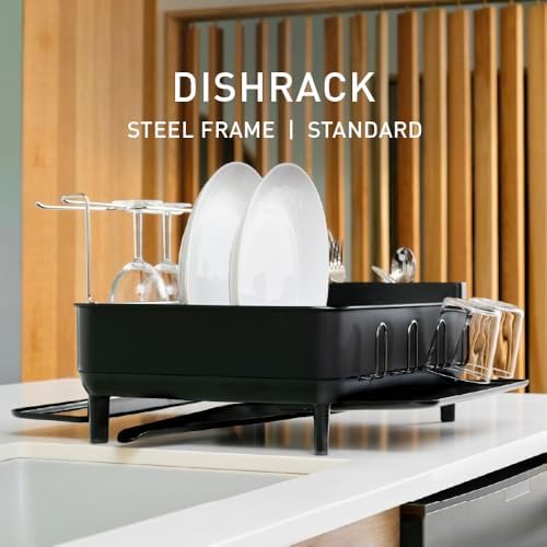 simplehuman Steel Frame Dishrack, Large Capacity Dish Drying Rack, 360º Easy Drain Swivel Spout, Utensil & Wine Glass Holder, Anti-Residue Coating
