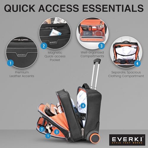 EVERKI Journey Rolling Laptop Briefcase for Men & Women, Black - 27L | Ballistic Nylon, Carry On Luggage w/ Wheels, Business & Travel - Friendly