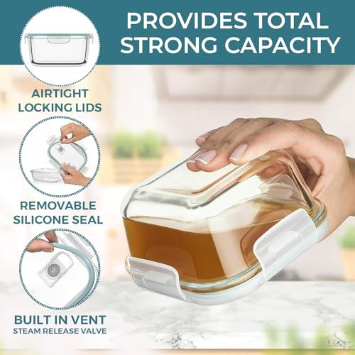 Razab 24 Pc Airtight Glass Food Storage Containers - Glass Meal Prep Containers - Freezer to Oven Safe - Steam Release Valve BPA Free - Airtight