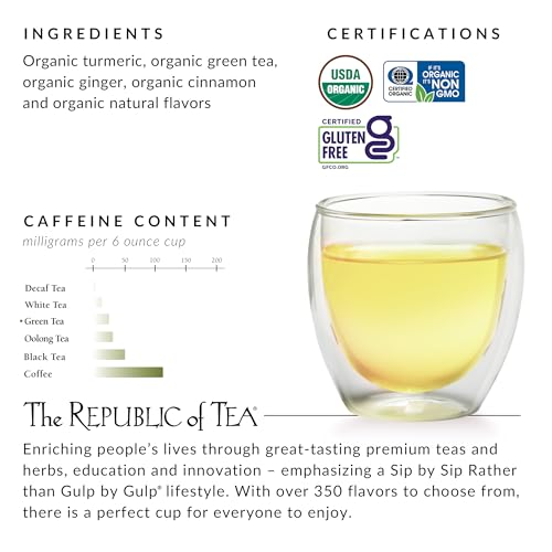 The Republic of Tea Organic Turmeric Ginger Green Tea, Low Caffeine, 50 Ct | A gentle cup for everyday sipping. Fresh and lightly vegetal with notes of warming spice and sweet cinnamon.