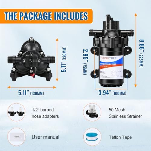 YOUNGTREE RV Water Pressure Diaphragm Pump 110V 4.0GPM 50PSI On Demand Fresh Water Transfer Pump 110Volt AC with Garden Hose Adapters for Irrigation Home Pool Draining Sprinkler
