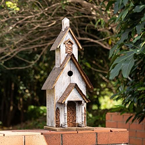 Glitzhome Rustic Hand Painted Wooden Church Birdhouse, Extra-Large 23.62" H Hanging Bluebird Houses for Outside