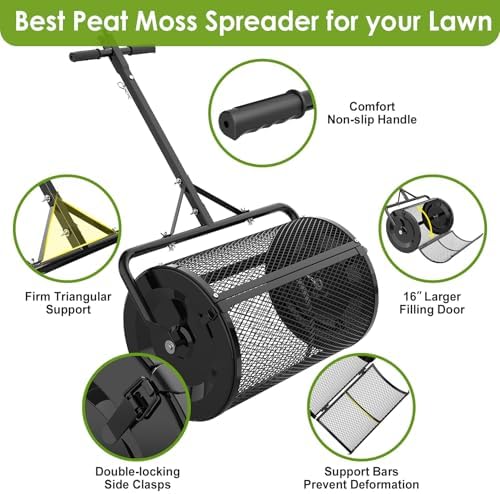 Seeutek Compost Spreader, 24" Peat Moss Spreader with 3 Heights | Push or Tow Top Soil Spreader W/Upgraded Side Latches Support Rod Powder Coated Metal Mesh Top Dressing Spreader for Lawn