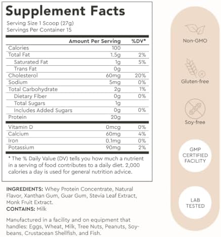Alaya Naturals - Grass Fed Whey Protein Powder - Vanilla Flavor, All Natural, Hormone Free - 20g Protein per Serving - Non-GMO, rBGH Free