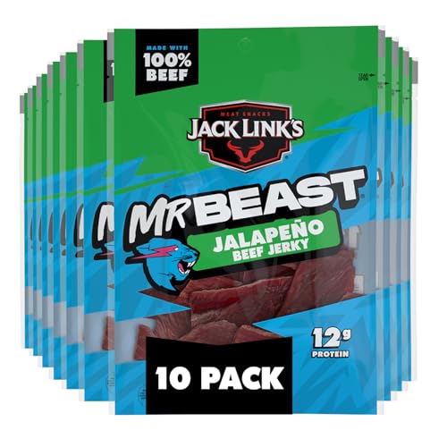Jack Link's MrBeast Beef Jerky, Peppered Beef Jerky - 10 Count | As Seen on Beast Games, 11g Protein, Made with 100% Real Beef, Pantry-Ready Snacks