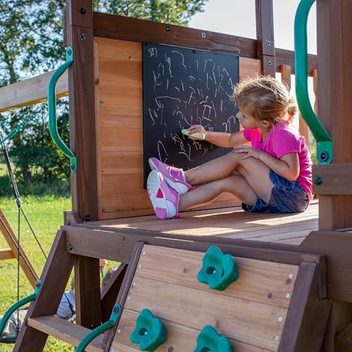 Backyard Discovery Cedar Cove Cedar Wood Swing Set with Spiral Tube Slide, Wave Slide, Clubhouse, Toy Grill, Snack Bar, Rock Wall, Belt Swings