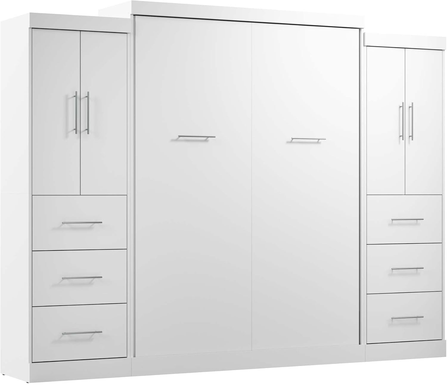 Bestar Nebula Queen Murphy Bed with 2 Wardrobes (115W) in White, Sleeping Arrangement and Closet Organizers for Multipurpose Room | 2 Wardrobes; supports up to 1000 lb; min. ceiling height 91.1 in.; dual piston mechanism; 10-year warranty