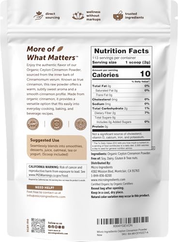 Micro Ingredients Organic Ceylon Cinnamon Powder, 2 lb Sri Lanka Source | True Cinnamon for Spice & Seasoning | Great for Baking, Cooking, & Drinks | Additive Free, Non-GMO