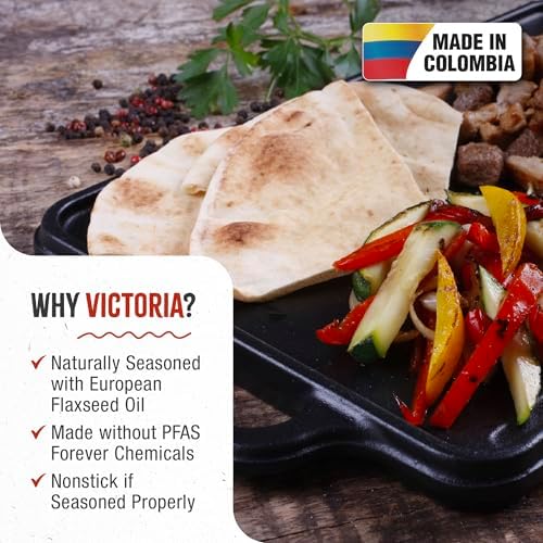 Victoria Rectangular Cast Iron Griddle. Double Burner Griddle, Reversible Grill, 13 x 8.5 Inch, Seasoned with 100% Kosher Certified Non-GMO Flaxseed Oil, Model: GDL-189