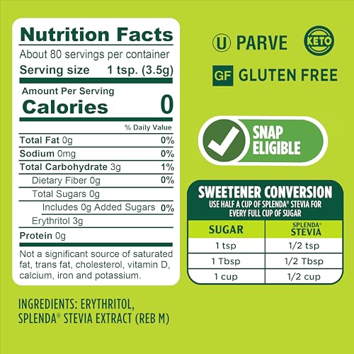 SPLENDA Stevia Zero Calorie Sweetener, Plant Based Sugar Substitute Granulated Powder, 19 oz Jar
