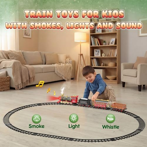 Hot Bee Train Set, Train Toys with Smoke, Lights, Sound and Train Tracks
