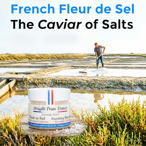 Straight from France Genuinely French Fleur De Sel Flaky Sea Salt | Finishing salt rich in minerals & electrolytes, flaky sea salt for baking and seasoning dishes, hand harvested, 1.5oz jar