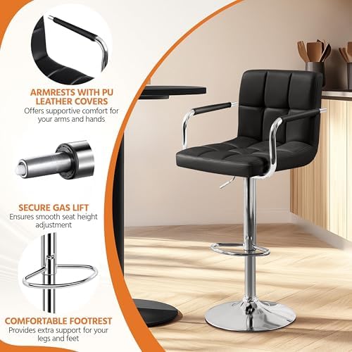 Yaheetech Bar Stools Set of 2, Swivel with Backs, Adjustable Height, White | 360° Swivel Barstools Feature Padded PU Leather Seats, Supportive Backs, 300 lb Capacity for Kitchen Islands