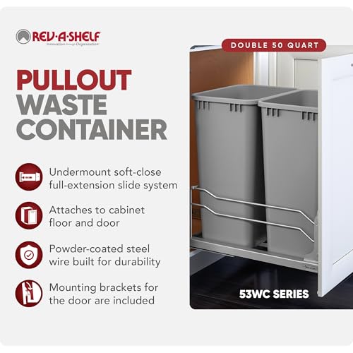 Rev-A-Shelf Double Pullout Trash Can w/Soft-Close Slides, 14.5" Min Opening | Large Capacity Garbage/ Recycling Bins for Full Height Kitchen Cabinets, Heavy Gauge Wire Construction, 53WC-2150SCDM-217