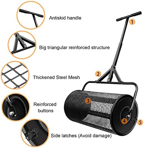 24 in Compost Spreader for Lawn Garden Yard Upgraded T Shaped Handle Moss Durable Lightweight for Planting, Seeding (D15.7In, Black)