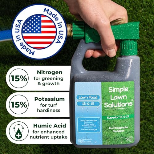 Superior 15-0-15 Liquid Lawn Fertilizer - Lawn Food for Growth & Green - Nitrogen, Potassium, Humic, Fish & Seaweed - Any Grass Type- Simple Lawn Solutions - All Season- Attached Sprayer (32 Ounce)