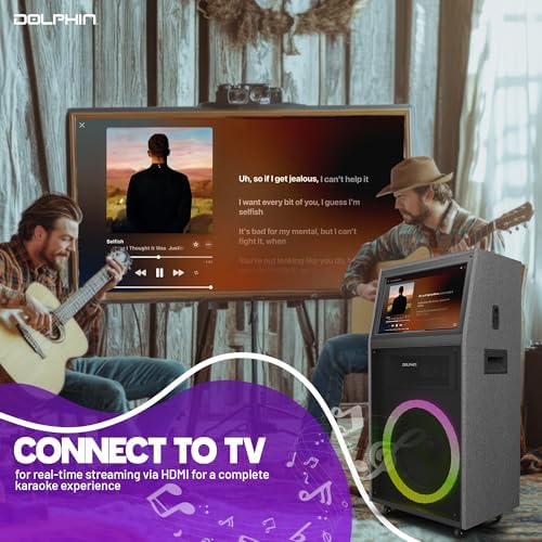Dolphin Karaoke Machine with 2 Wireless Microphones, 18" Woofer | 18.5" Touchscreen, Android 12, Bluetooth, HDMI, USB, TF, AUX & FM Inputs