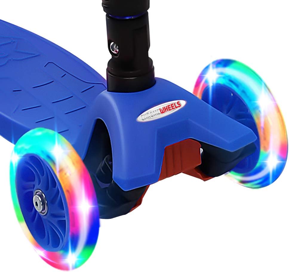 ChromeWheels Foldable Scooters for Kids, Deluxe Kick Scooter 4 Adjustable Height 132lbs Weight Limit 3 Wheel, Lean to Steer LED Light Up Wheels