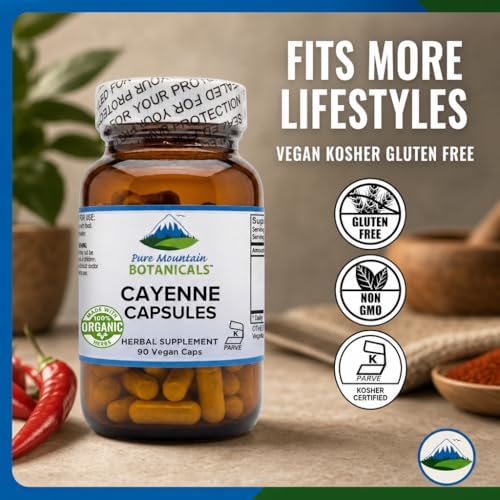 Pure Mountain Botanicals Cayenne Pepper Capsules - 500mg Organic, 90 Ct | Vegan, Kosher Certified, Gluten-Free, Capsaicin 40000-60000 HU