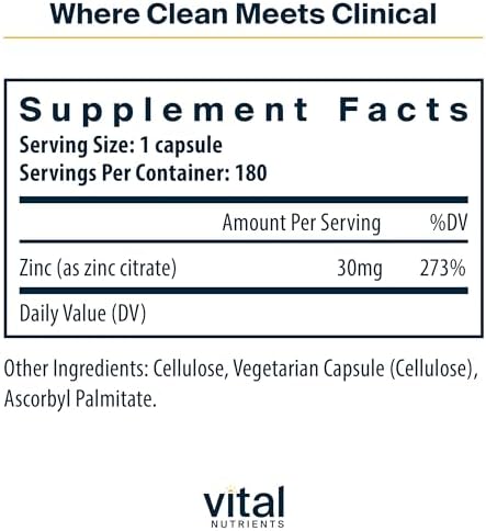 Vital Nutrients Zinc Citrate 30mg - Easily Absorbed Immune Support Supplement - Vegan Zinc Supplement - Gluten, Dairy, Soy Free - Non-GMO - 30mg - 90 Capsules