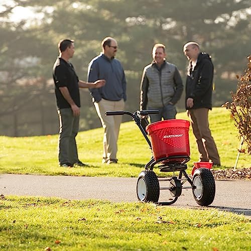 EarthWay 2150 Commercial 50 LB Broadcast Fertilizer Spreader. Heavy-Duty Walk-Behind Push Garden Seeder with Adjustable Drop Rate and Driving