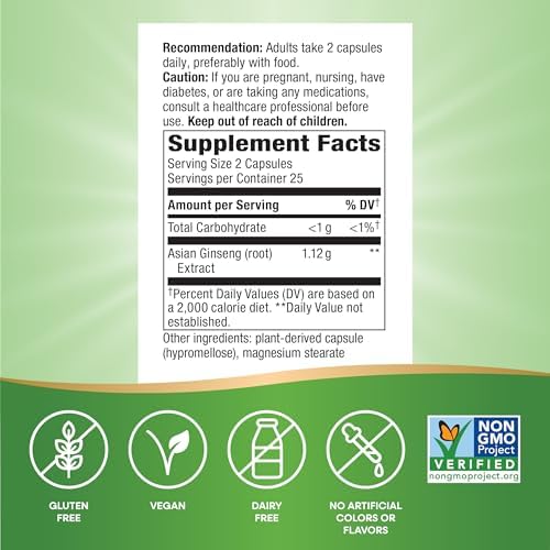 Nature's Way Asian Ginseng, Fights Fatigue*, 1,120mg per Serving, 100 ct | Dietary Supplement, Non-GMO Project Verified, Vegan Capsules