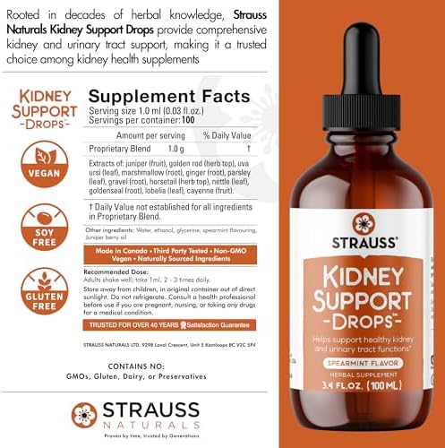 Strauss Naturals Kidney Support Supplement, Spearmint, 225 ml | Herbal Cleanse & Detox, Supports Urinary Tract Function, Non-GMO