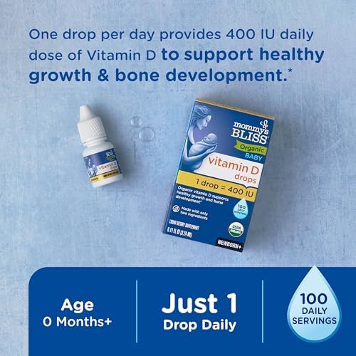 Mommy's Bliss Organic Baby Vitamin D Drops, No Artificial Color, 0.11 Fl Oz | Vitamin D3 that promotes healthy growth and bone development in newborns and up; 100 servings per pack
