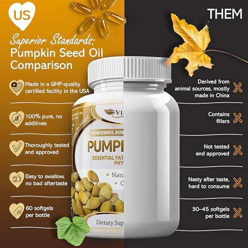 vibraxlabs Pumpkin Seed Oil - 100% Cold Pressed Pure 1000mg Extraction - Best for Hair Growth, Younger Looking Skin & Face, Bladder Control Supplement