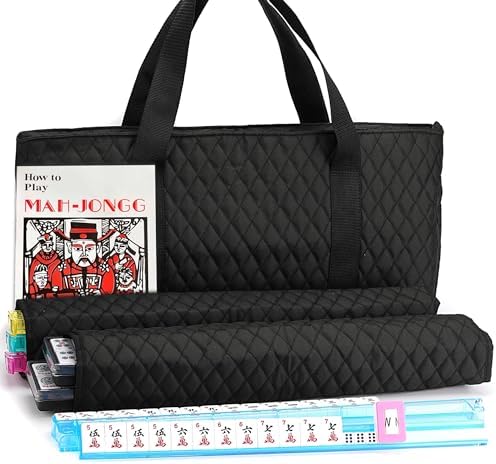 American Mahjong Game Set - Black Quilted Soft Bag 166 Premium Tiles with 4 All-in-One Rack/Pushers,100 Chips, Wind Indicator, English Manual. Easy Carry Complete Classic Mah-Jongg Set