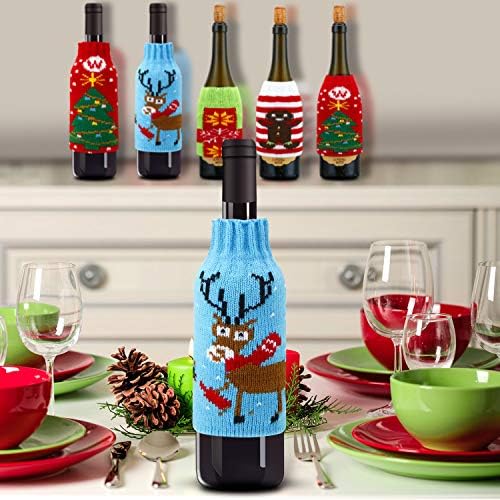 Boao 6 Sets Christmas Wine Bottle Cover and Hats Decoration Handmade Ugly Sweater Knit Wine Bottle Dress Santa Reindeer Snowman for Christmas