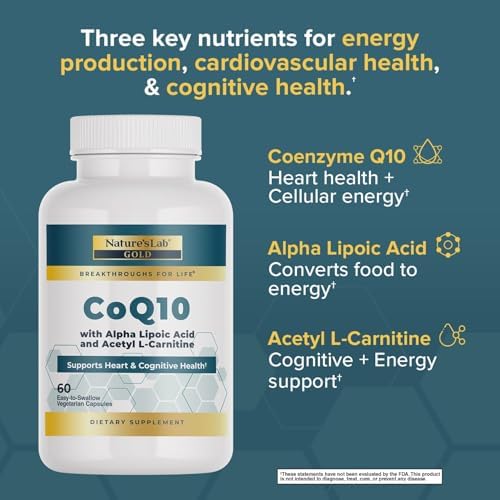 Nature's Lab CoQ10 200mg with Alpha Lipoic Acid & L-Carnitine - High Absorption Heart & Brain Support - Energy & Mitochondrial Function - 60