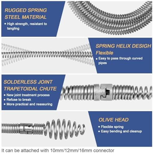 Drain Snake, Drain Auger with Drill Attachment, 16.4 Feet By 5MM Plumbing Snake Auto Feed Flexible Hair Drain Clog Remover for Kitchen, Bathrom and Shower Sink with Gloves