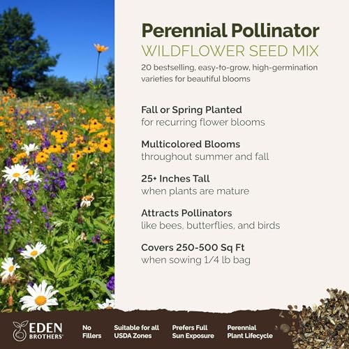 Eden Brothers The Bees Knees Pollinator Wildflower Seed Mix, 1/4 lb (135,000+ Seeds) Throw and Grow - 100% Pure, No Fillers - 18-Variety Non-GMO Annual + Perennial, Covers up to 1,100 SqFt, Zones 3-10