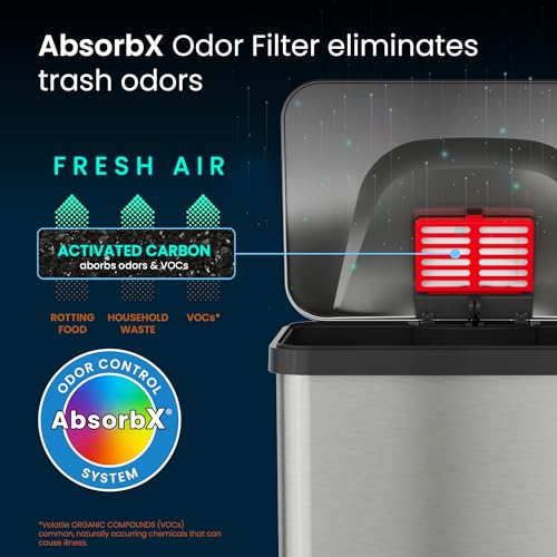 iTouchless Airstep 13 Gallon Step Pedal Kitchen Trash Can with Odor Filter, 50 Liter Commercial Grade Stainless Steel Recycle Bin for Home and Office, Silent Lid Open and Close
