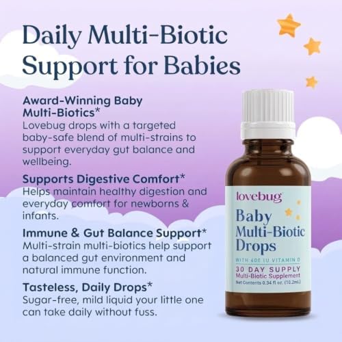 LOVEBUG Baby Probiotic Drops - Organic Probiotics for Immune Support and Baby Constipation & Colic Relief - Tasteless & Sugar-Free Liquid Drops for