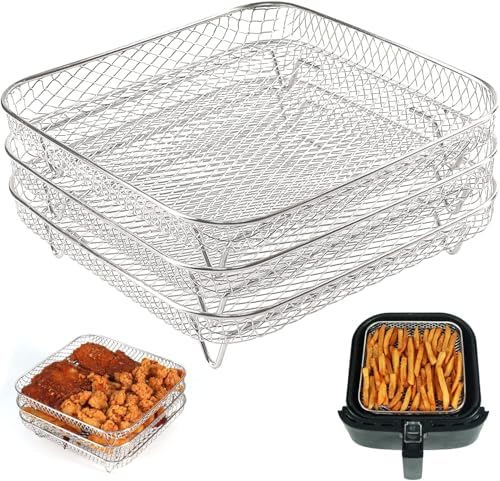 7 Inch Air Fryer Rack Compatible with Ninja Crispi/Ninja Pro 5QT/ Cosori 5QT/ Chefman 5-6QT/ Instant Pot 4Qt Vortex Air fryer &More, 3pcs Stackable Stainless Steel Air fryer Basket with 8 Silicon Feet