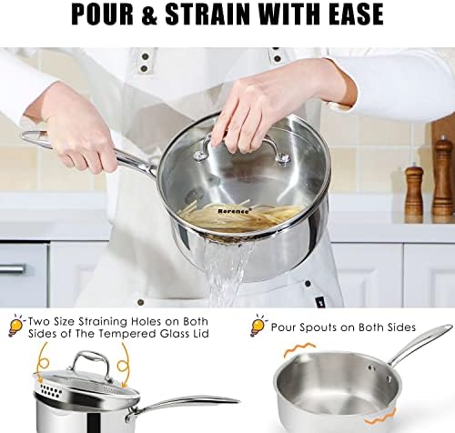 Rorence 3.7 Quart Stainless Steel Induction Sauce Pan with Lid | Stainless Steel Pot Saucepan with Pour Spout & Glass Lid with Strainer