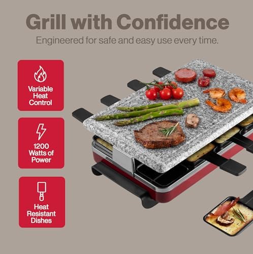 Swissmar Classic 8-Person Raclette Party Grill - Indoor Electric Grill & Griller with Granite Stone Grill Plate - Red