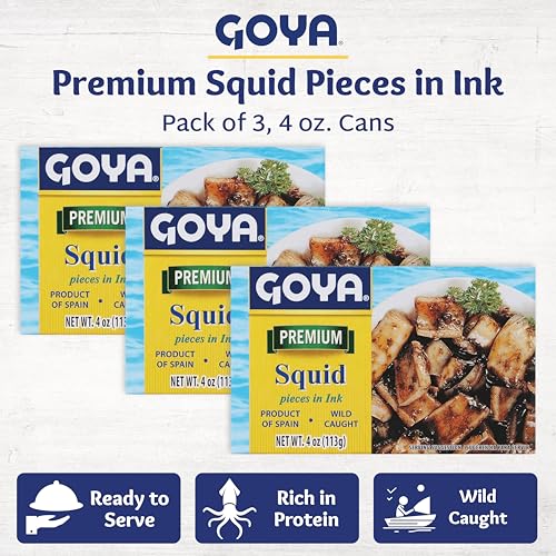 Goya Calamares Tinta Squid, Ready to Eat Seafood, Salads, 4 oz. Pack of 3 | Ready to Eat Seafood for Tapas, Pasta, Rice and Salads