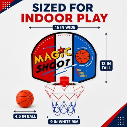 Indoor Mini Basketball Hoop Set, 16 x 13 in Backboard, Ball and Manual Pump | Over The Door Basketball Hoop With 9-Inch White Rim, 4.5-Inch Ball