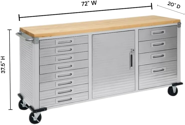 Heavy-Duty Rolling Workbench with Drawers and Cabinet, 77" W x 20" D x 37.5" H, (Red, 11 Drawer)
